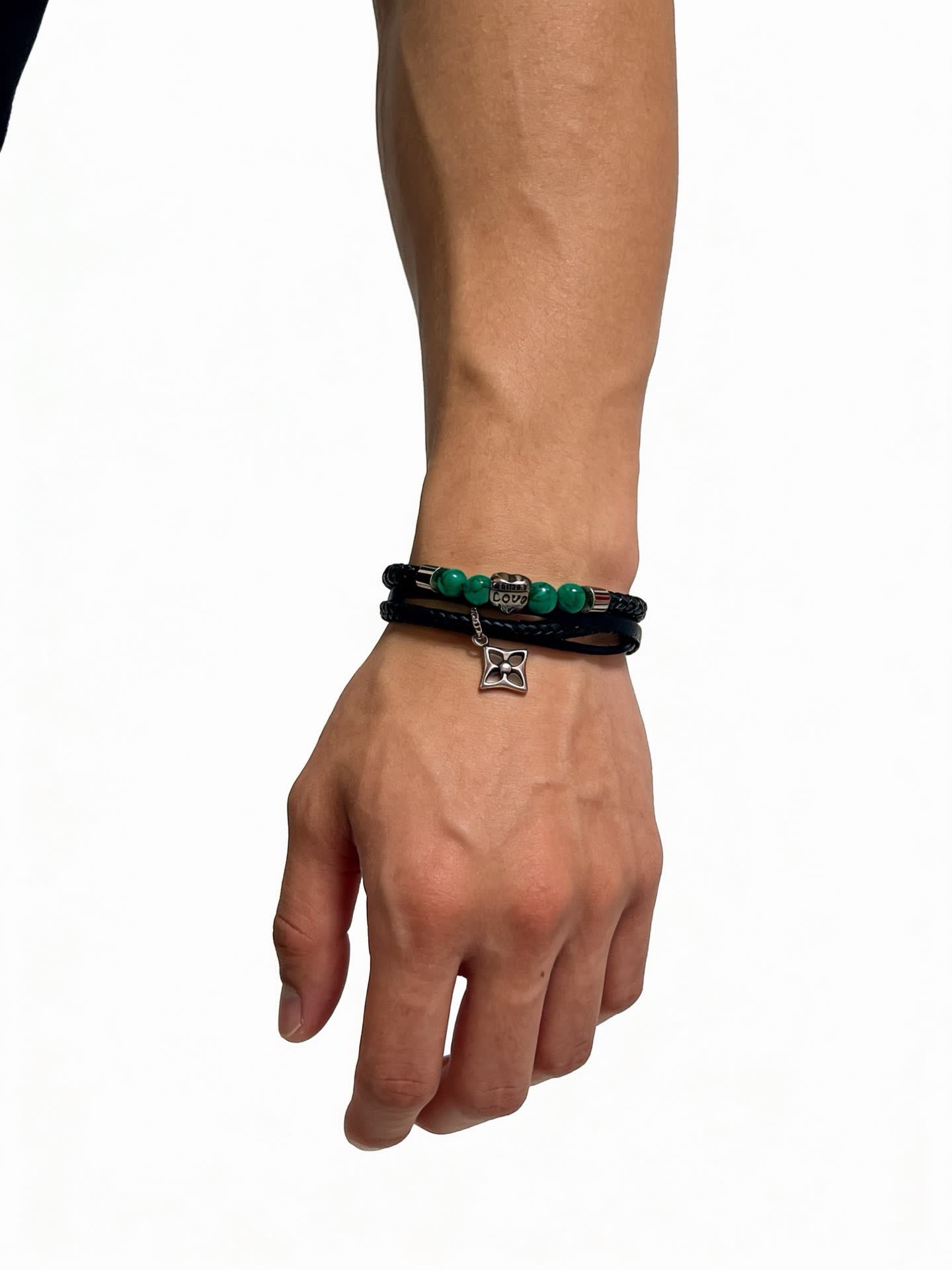 Louis Vuitton Men's Double Wrap Bracelet with Green Beads and Silver Charm